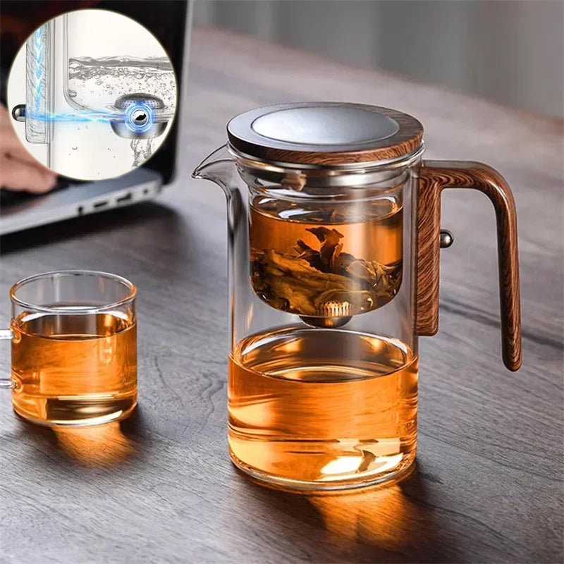 One-click magnetic glass teapot with wooden handle and stainless filter