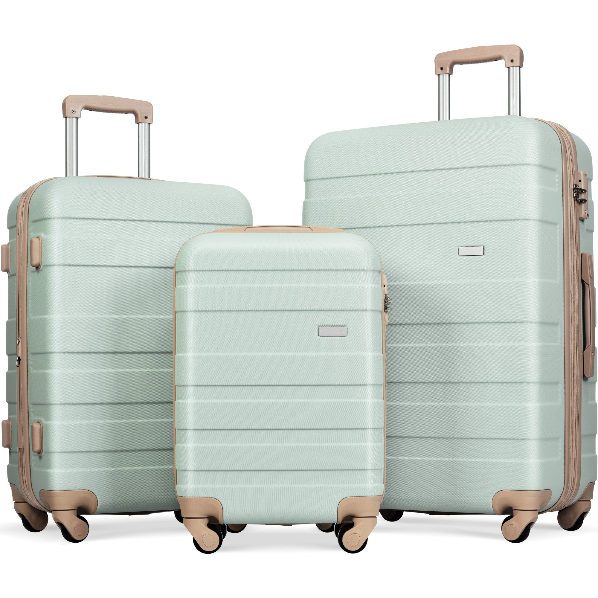 Three piece hardshell luggage set in grey and green with TSA lock