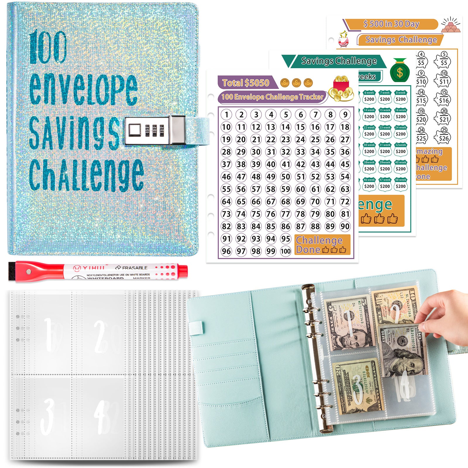 A5 money saving challenge planner and cash stuffing book — view 4