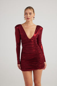 Karly burgundy shiny bodycon mini dress by Holly Lolly — view 2