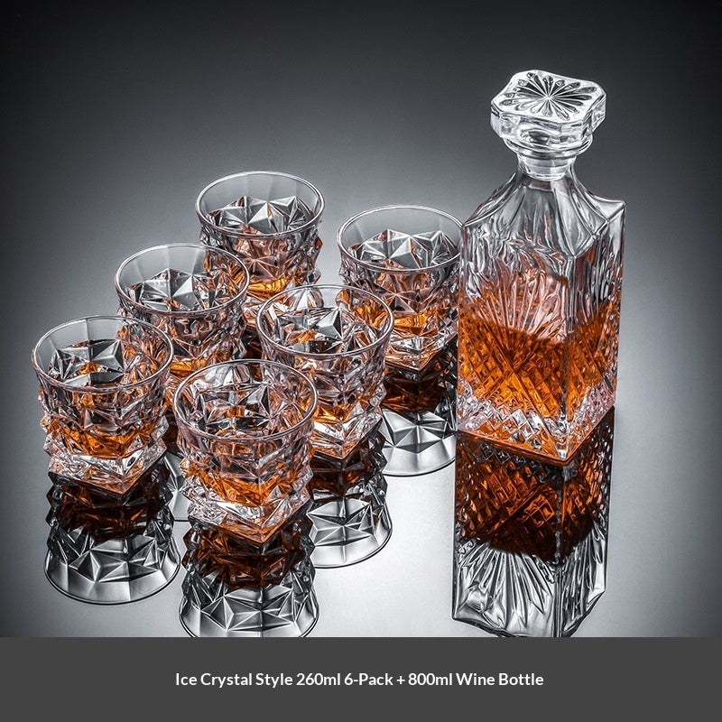 Premium crystal whiskey decanter set with two heavy-base whiskey glasses on wood tray — view 6