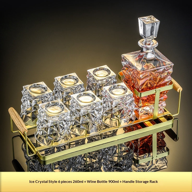 Premium crystal whiskey decanter set with two heavy-base whiskey glasses on wood tray — view 7