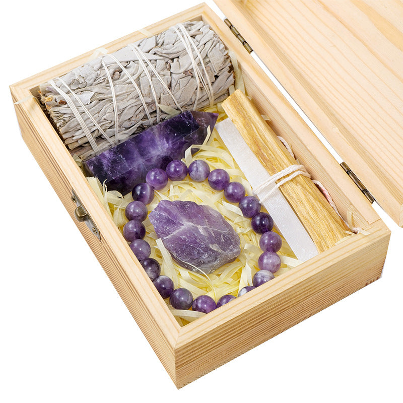 Natural amethyst crystal cluster in handcrafted wooden gift box — view 7