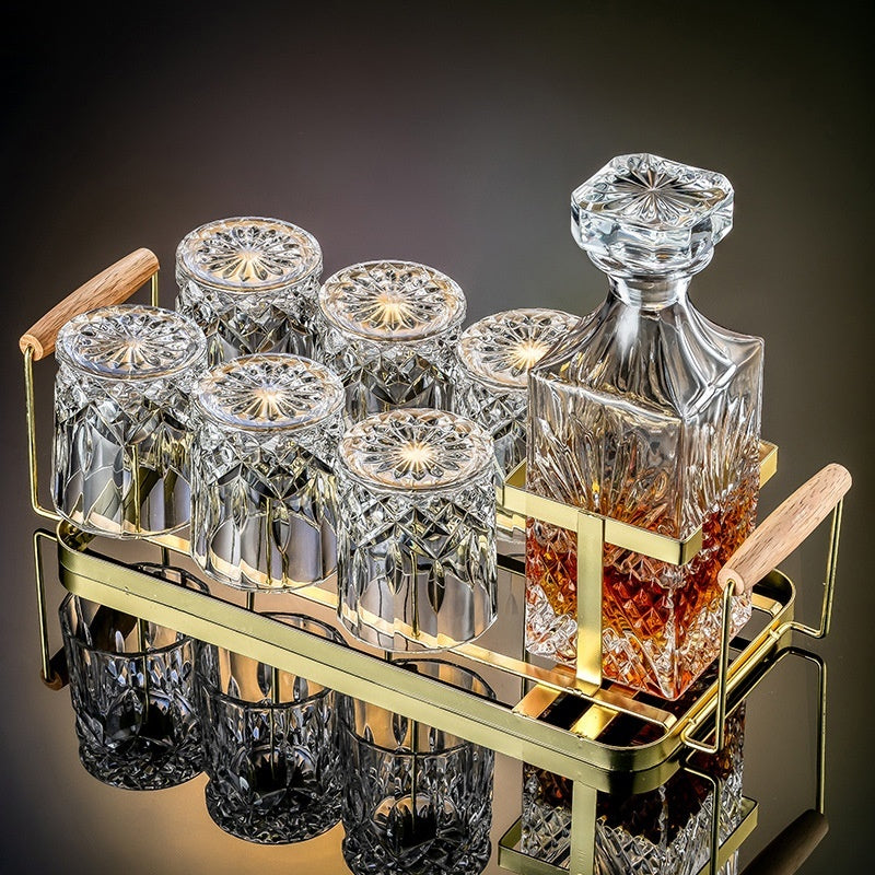 Premium crystal whiskey decanter set with two heavy-base whiskey glasses on wood tray