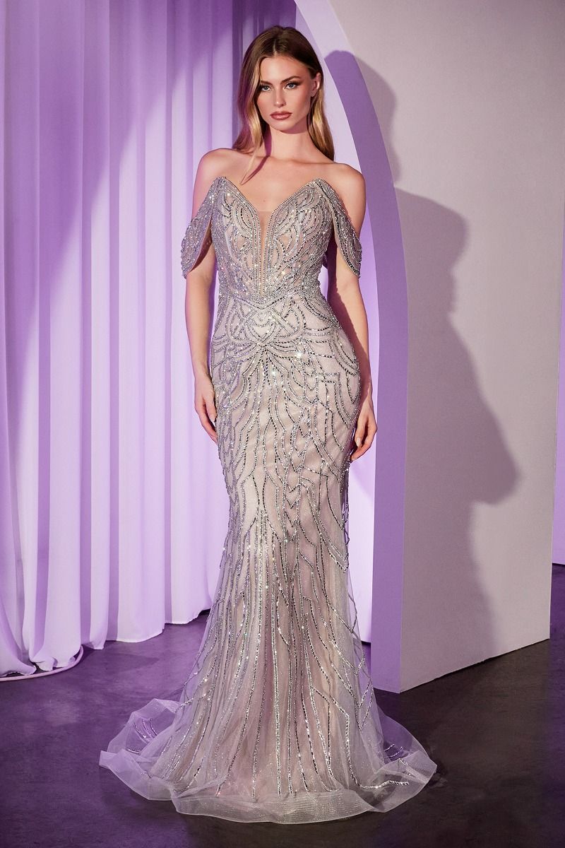 Off The Shoulder Crystal Embellished Gown