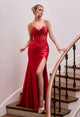 Satin High-Slit Gown with Beaded Illusion Corset Bodice