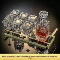 Premium crystal whiskey decanter set with two heavy-base whiskey glasses on wood tray — view 4