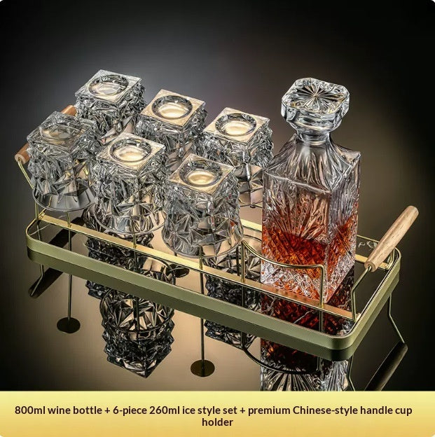 Premium crystal whiskey decanter set with two heavy-base whiskey glasses on wood tray — view 4