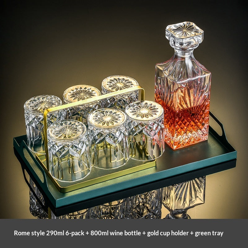 Premium crystal whiskey decanter set with two heavy-base whiskey glasses on wood tray — view 10