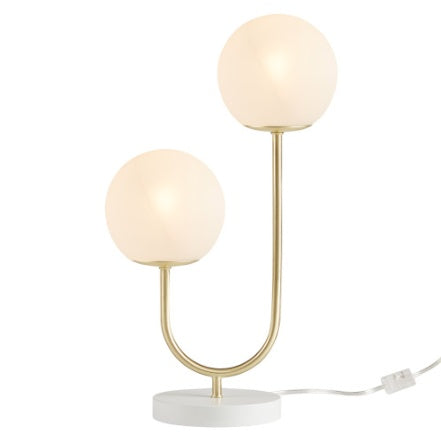 Modern metal two-light globe table lamp on bedside console — view 3