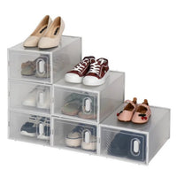 Six pack of clear plastic stackable shoe storage boxes