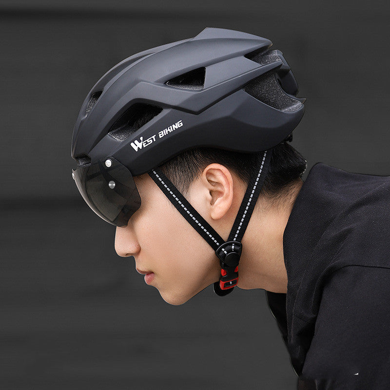 Cycling helmet with integrated goggles for mountain and road bike