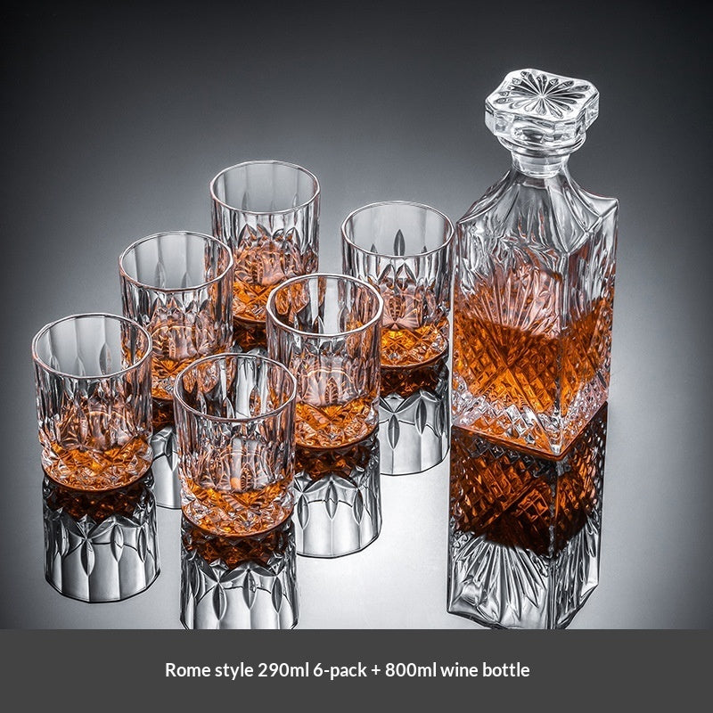 Premium crystal whiskey decanter set with two heavy-base whiskey glasses on wood tray — view 13