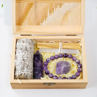 Natural amethyst crystal cluster in handcrafted wooden gift box — view 2