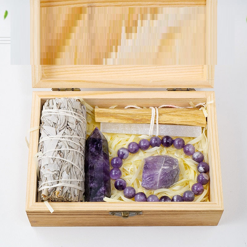 Natural amethyst crystal cluster in handcrafted wooden gift box — view 2