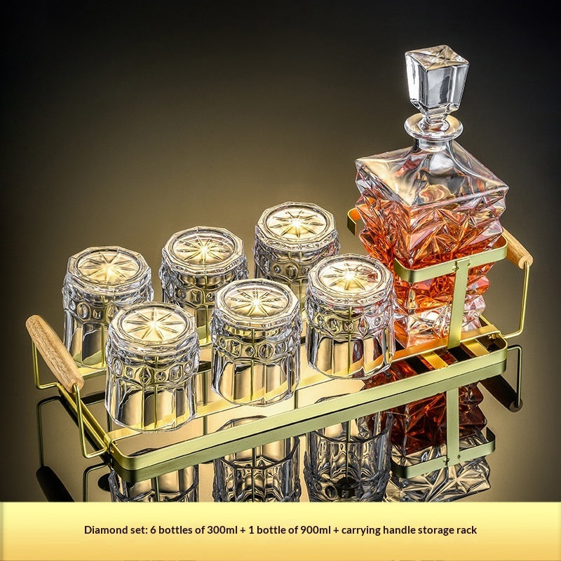 Premium crystal whiskey decanter set with two heavy-base whiskey glasses on wood tray — view 9
