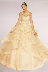 Jewel Embellished Boat Neck Multi-Layered Skirt Ball Gown