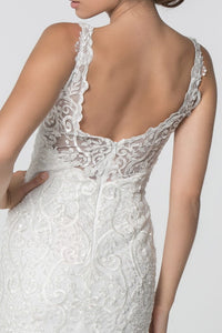 Embroidered Bodice V-Neck Mermaid Wedding Gown w/ Mesh Tail