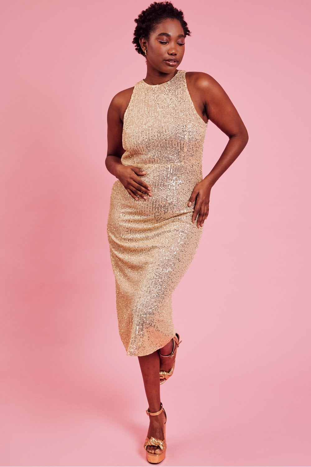 Gold sequin lightweight maxi sheath dress in curve size by Jayley