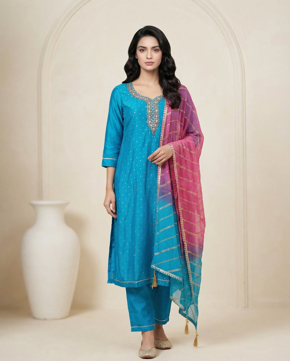 Teal Bandhani Dot Kurta Suit Set with Pearl Zardozi Neck & Ombre Leheriya Dupatta-0