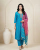 Teal Bandhani Dot Kurta Suit Set with Pearl Zardozi Neck & Ombre Leheriya Dupatta