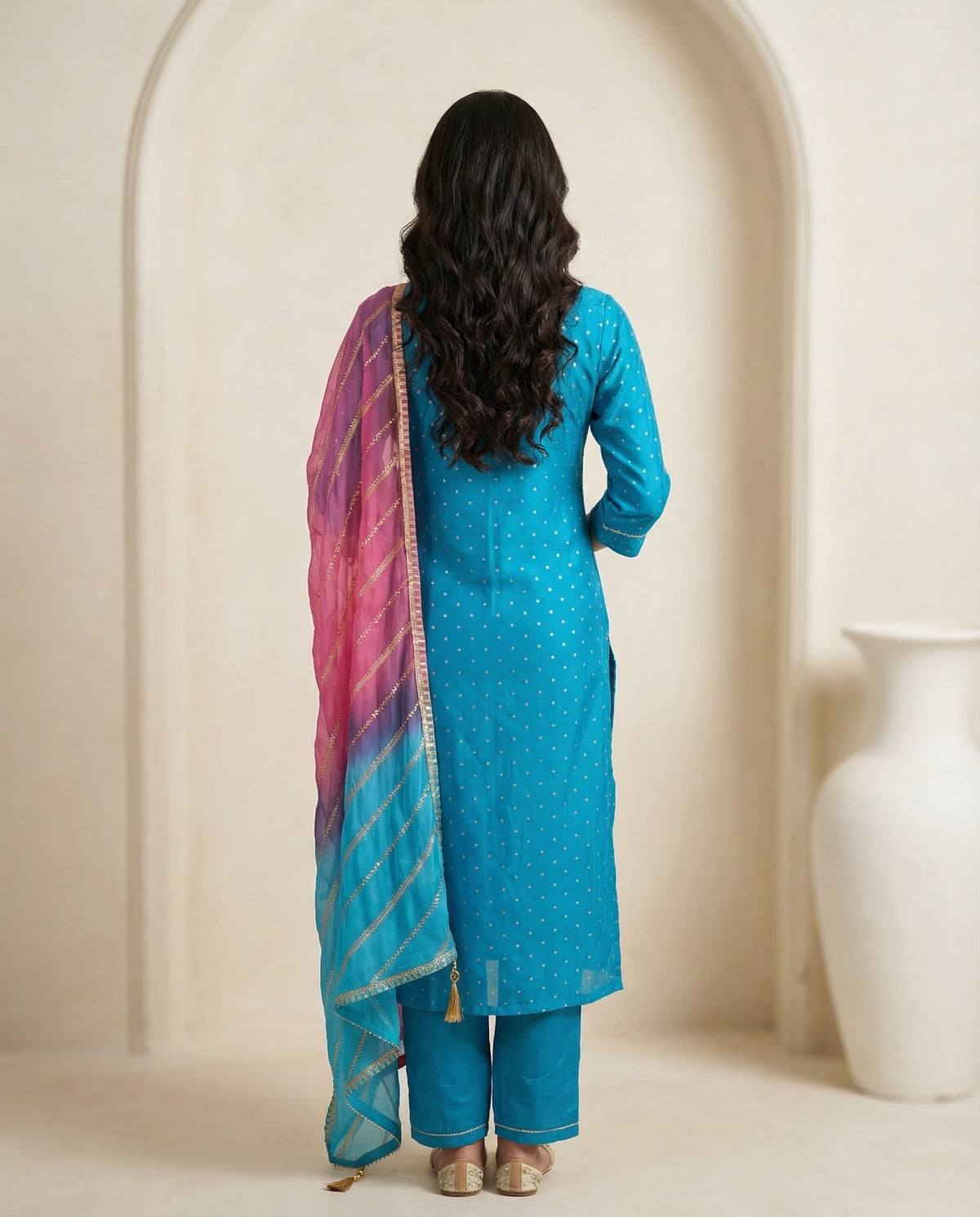 Teal Bandhani Dot Kurta Suit Set with Pearl Zardozi Neck & Ombre Leheriya Dupatta-1