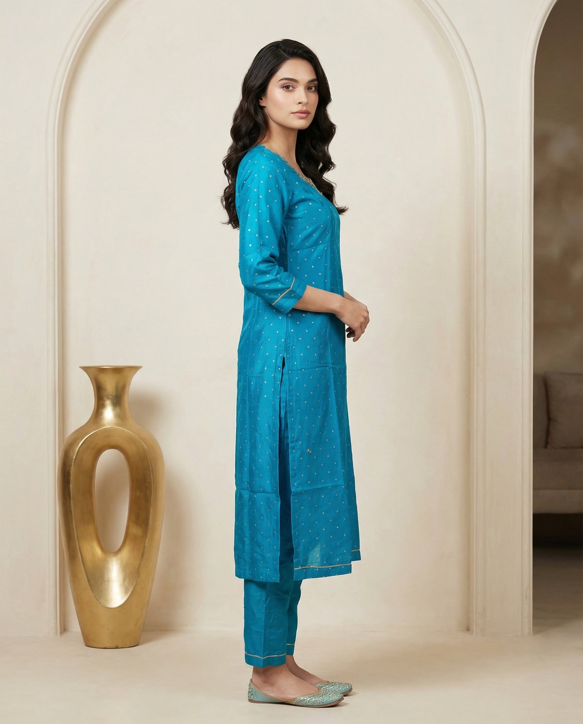 Teal Bandhani Dot Kurta Suit Set with Pearl Zardozi Neck & Ombre Leheriya Dupatta-2