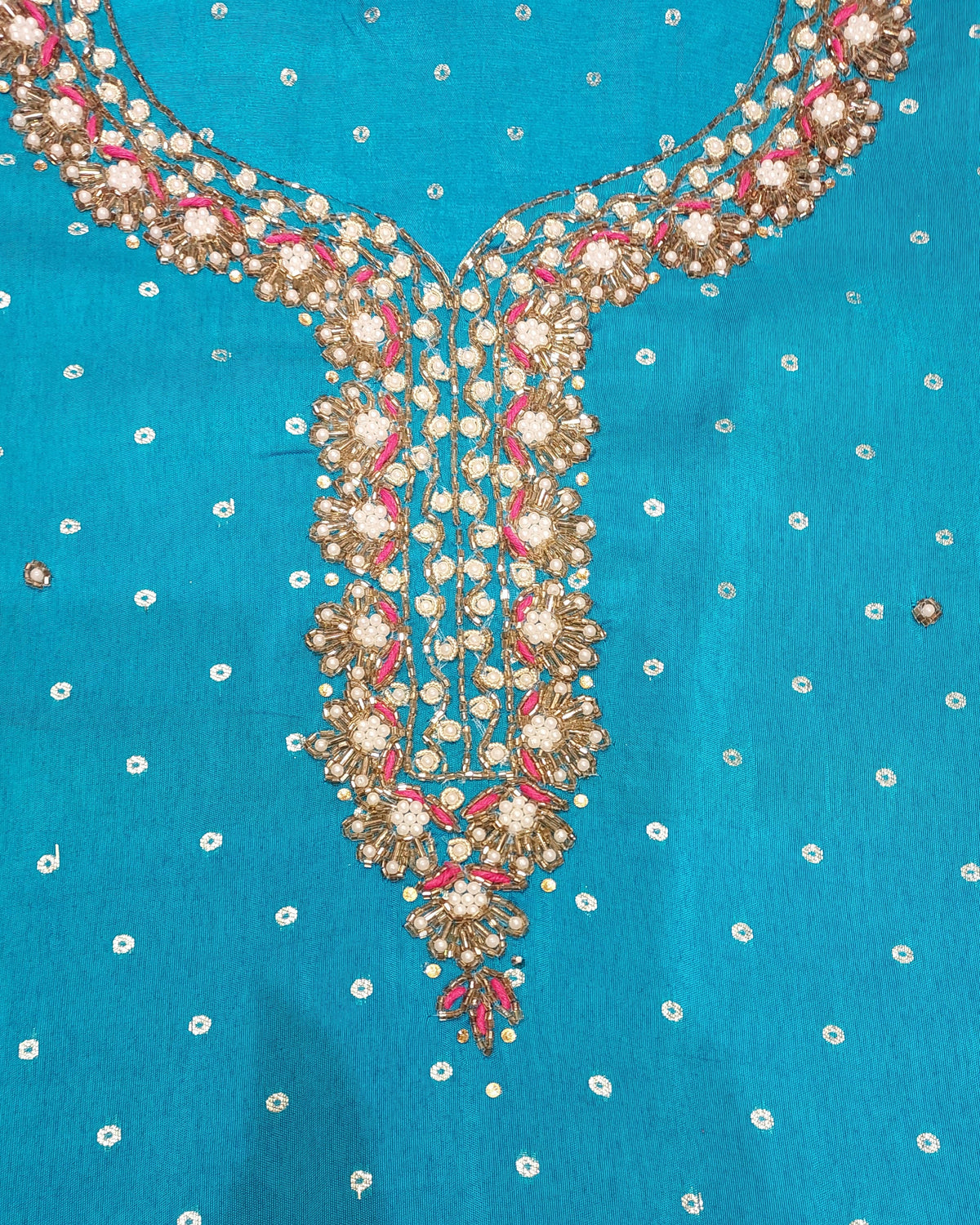 Teal Bandhani Dot Kurta Suit Set with Pearl Zardozi Neck & Ombre Leheriya Dupatta-3