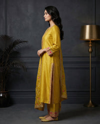 Mustard Yellow Floral Embroidered Kurta Set with Palazzo & Embroidered Organza Dupatta-2