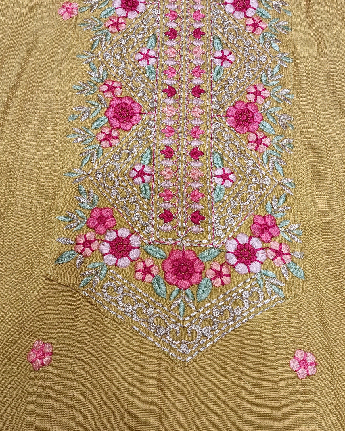 Mustard Yellow Floral Embroidered Kurta Set with Palazzo & Embroidered Organza Dupatta-3