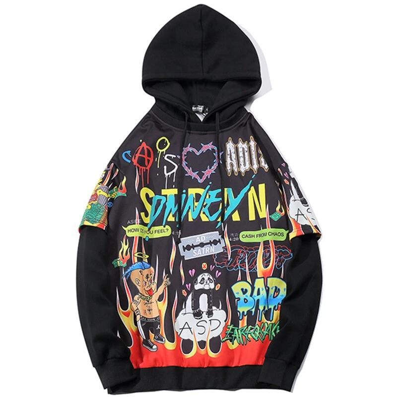 Men Graffiti Cartoon Printed Funny Men Pullover Hoodie