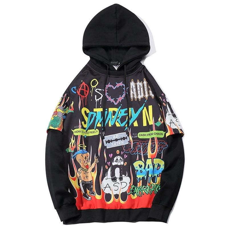 Hip Hop Cartoon Print Oversized Hoodie