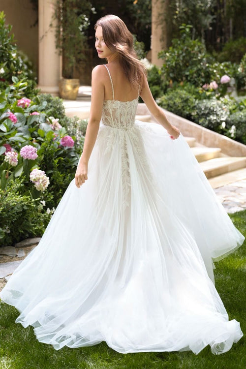 A-Line Wedding Gown A Sheer Corset Bodice With Lace Appliqué And Beaded Spaghetti Straps